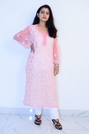 buy-hand-embroidered-lucknowi-chikan-light-pink-georgette-kurti-big-0